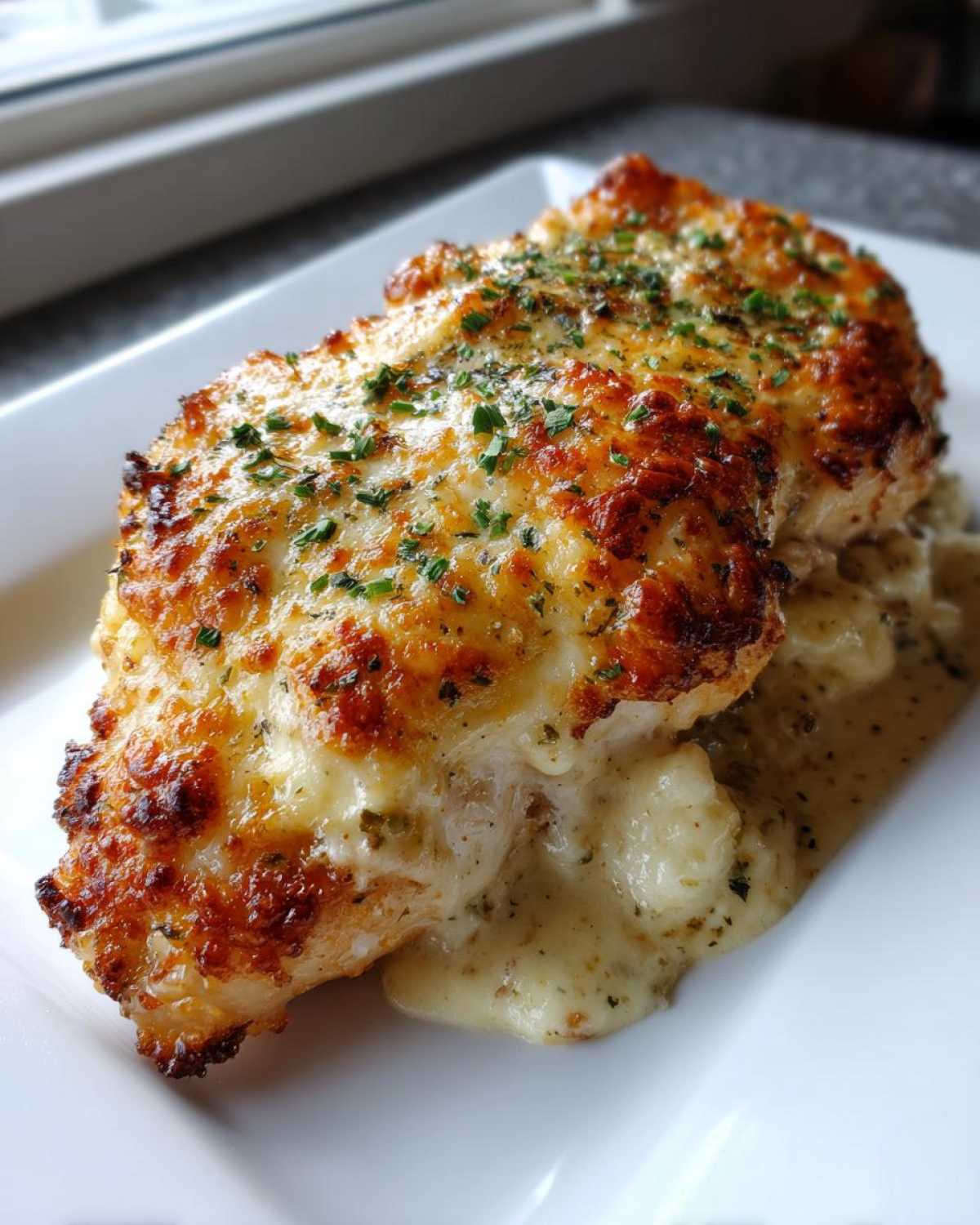 Close-up of Baked Caesar Chicken with Creamy Parmesan Sauce, topped with melted, browned cheese and parsley.
