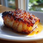 Close-up of a perfectly cooked fillet of Baked Cod with Honey Garlic Sauce, featuring a caramelized, glossy glaze.