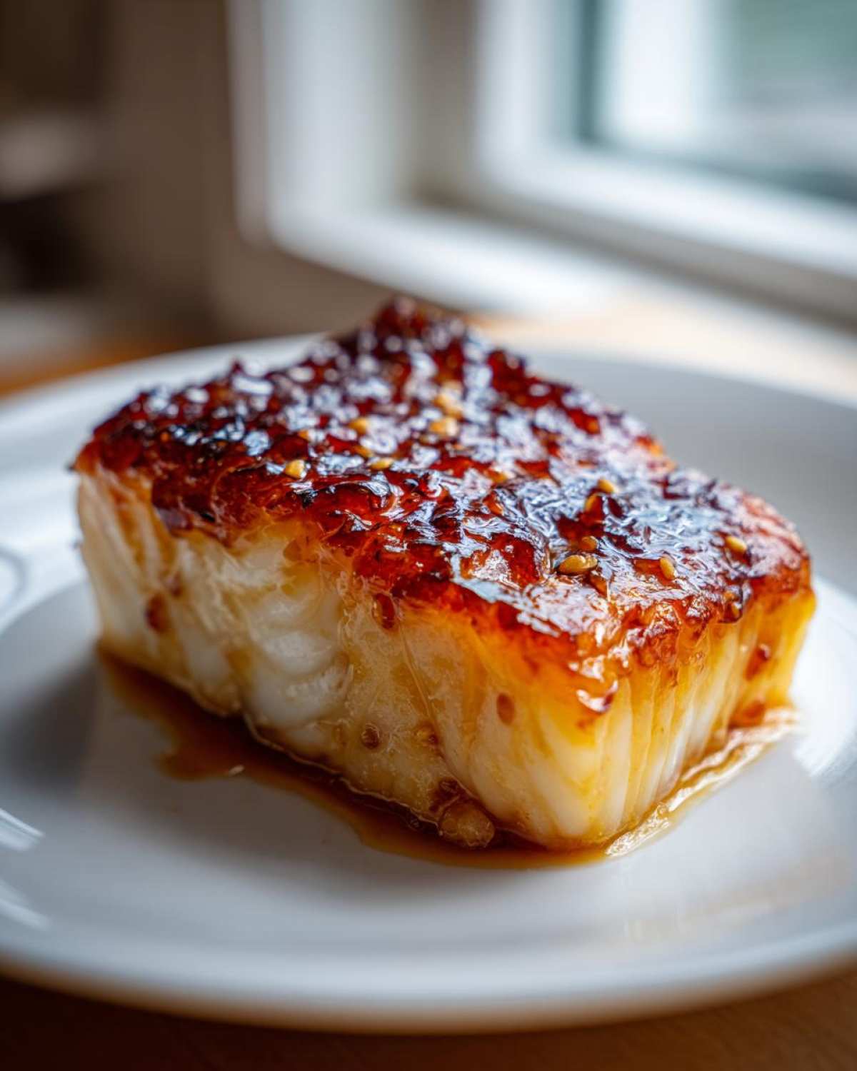 A thick, flaky fillet of Baked Cod with Honey Garlic Sauce, featuring a dark, caramelized glaze and sesame seeds.