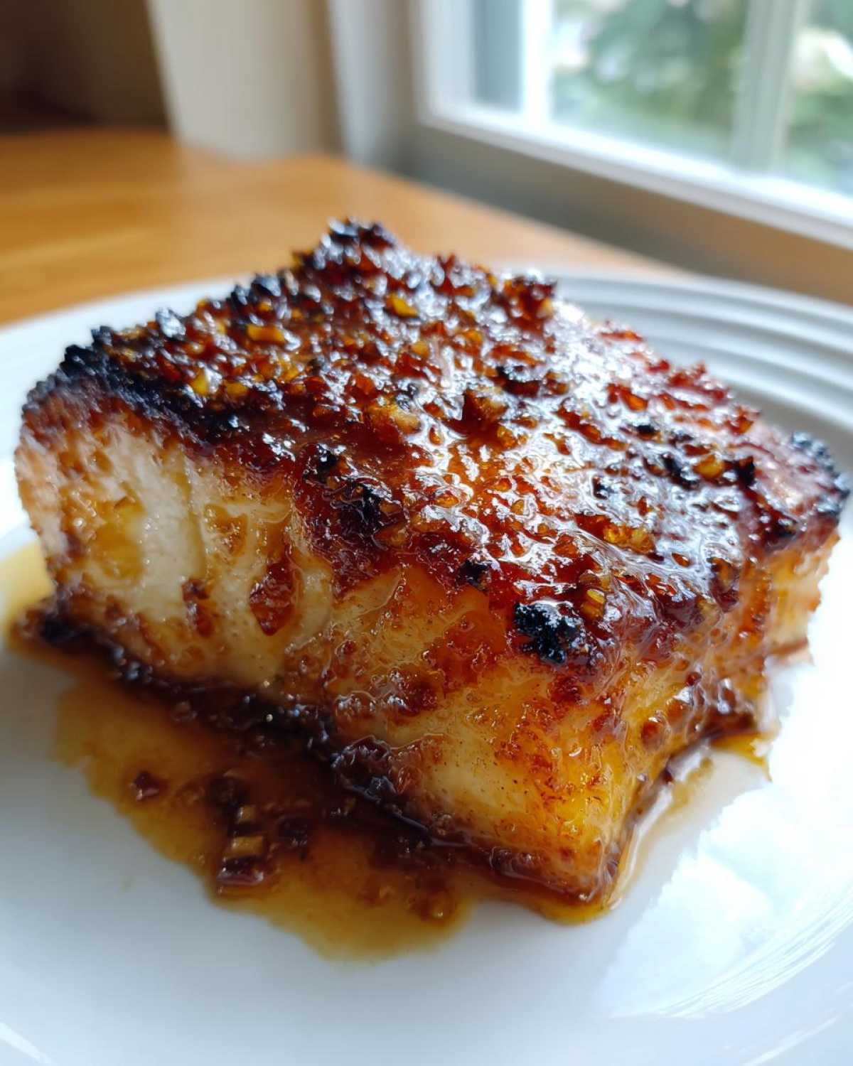 Close-up of a perfectly cooked fillet of Baked Cod with Honey Garlic Sauce, showing a caramelized, glossy topping.