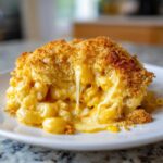 A serving of rich, cheesy Baked Mac and Cheese with a golden, crunchy breadcrumb topping being pulled apart.