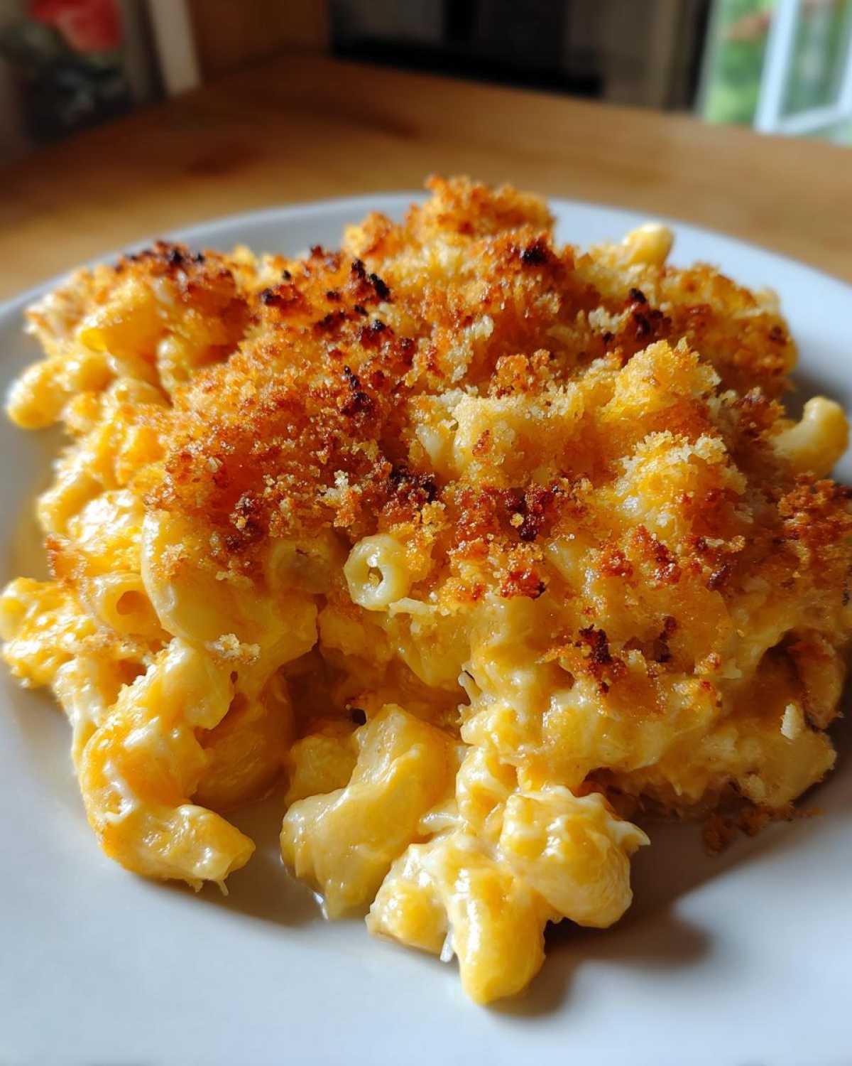 Close-up of a serving of creamy Baked Mac and Cheese topped with a crunchy, golden brown breadcrumb crust.