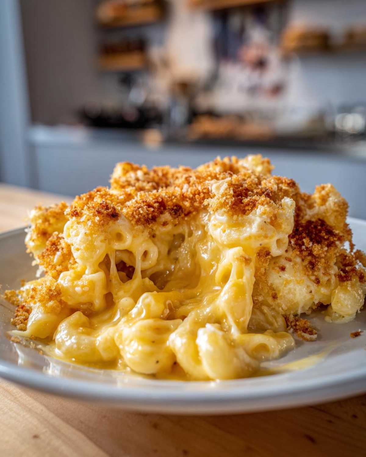 Close-up of a serving of Baked Mac and Cheese showing gooey cheese pulls and a golden brown breadcrumb topping.