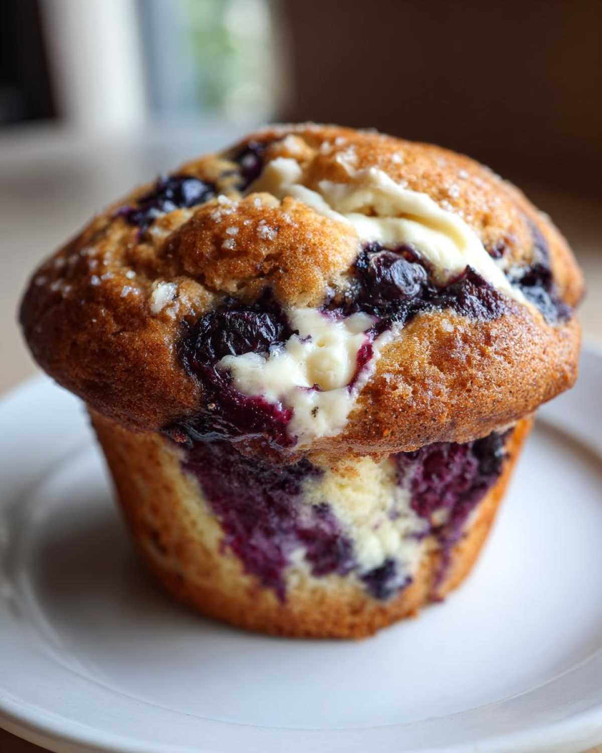 A tall, bakery style Blueberry Cream Cheese Muffin with a golden brown top sprinkled with sugar, sitting on a white plate.