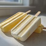 Two creamy, yellow and white layered Banana Coconut Popsicles resting on a light countertop in bright sunlight.