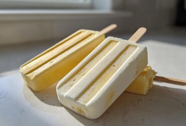 Two creamy, yellow and white layered Banana Coconut Popsicles resting on a light countertop in bright sunlight.