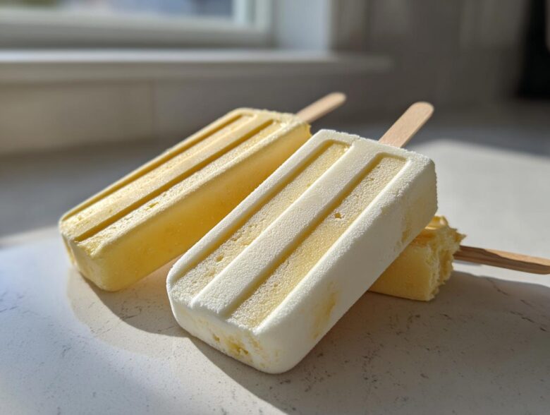 Two creamy, yellow and white layered Banana Coconut Popsicles resting on a light countertop in bright sunlight.
