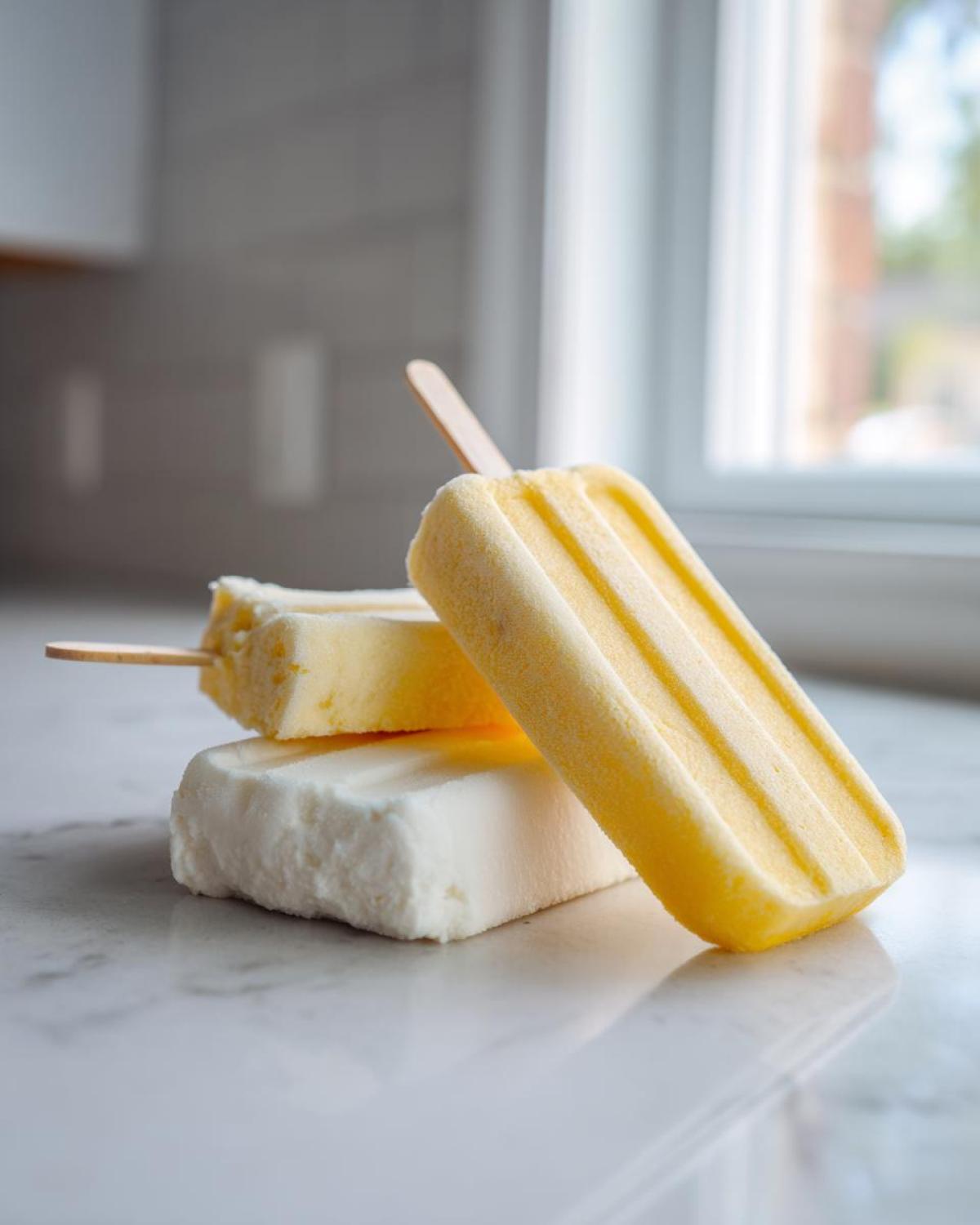 A stack of two-toned Banana Coconut Popsicles, one yellow and one white, resting on a marble counter near a window.