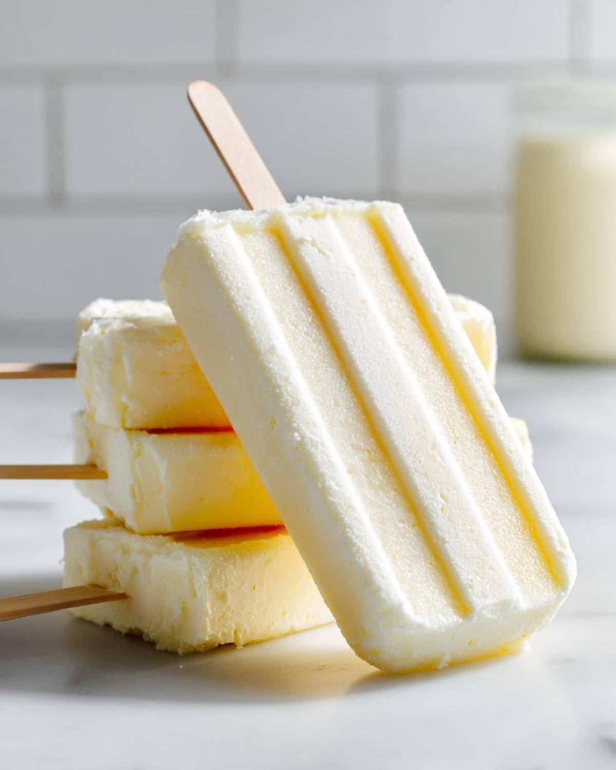 A stack of creamy, white Banana Coconut Popsicles with visible ridges, resting on a marble surface.