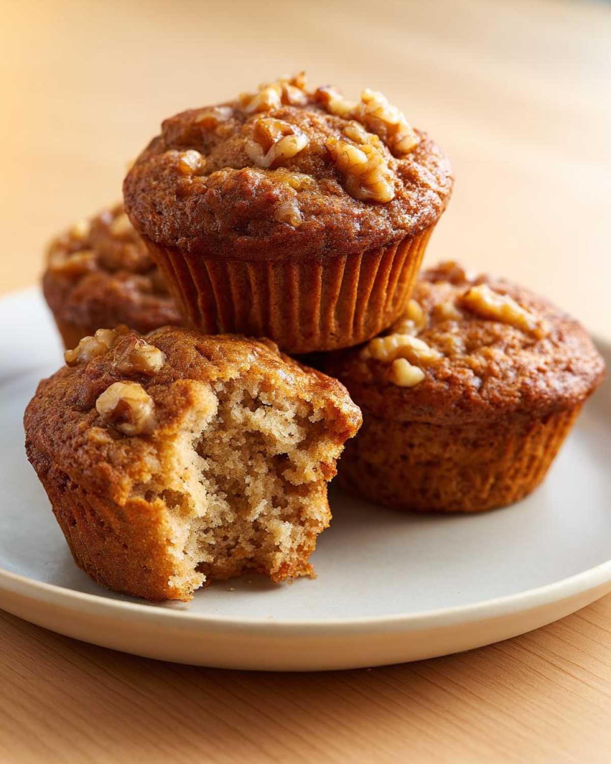 A stack of Banana Walnut Cottage Cheese Muffin Breakfasts, one with a bite taken out, showing the moist interior.