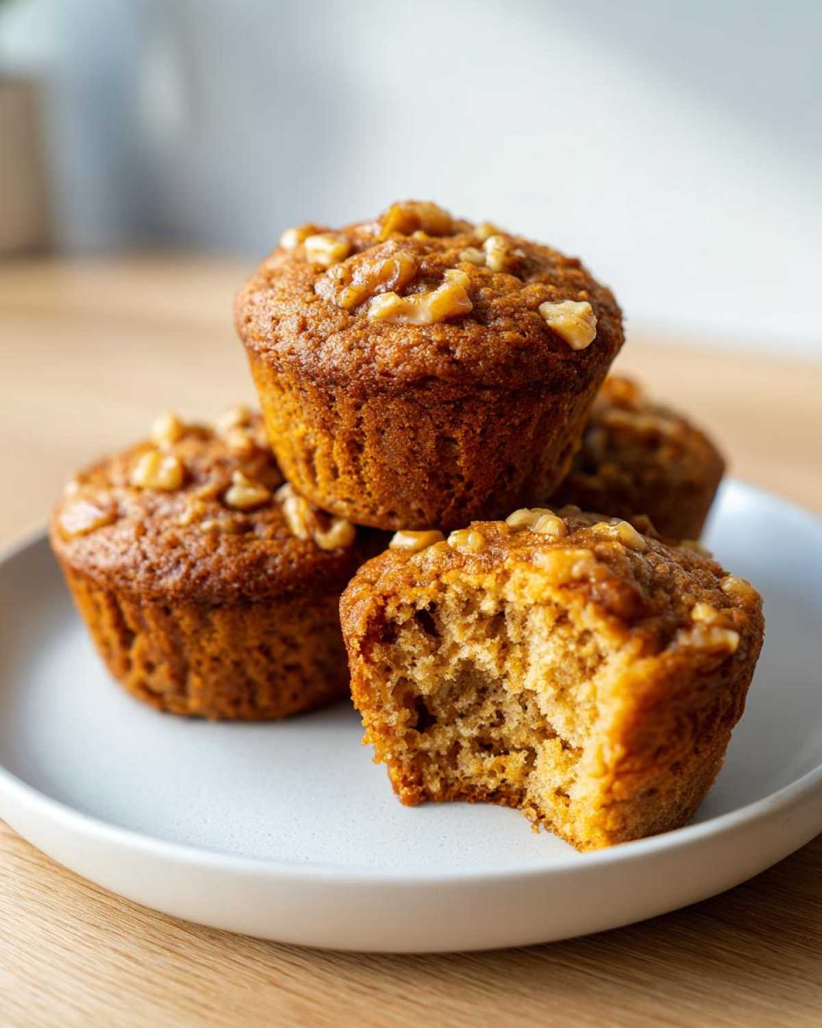 Close-up of Banana Walnut Cottage Cheese Muffin Breakfast, one muffin is bitten into showing the moist interior.