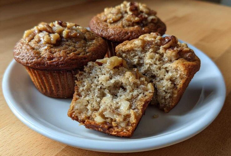 Three Banana Walnut Cottage Cheese Muffin Breakfasts, one cut in half showing the moist interior and walnuts.
