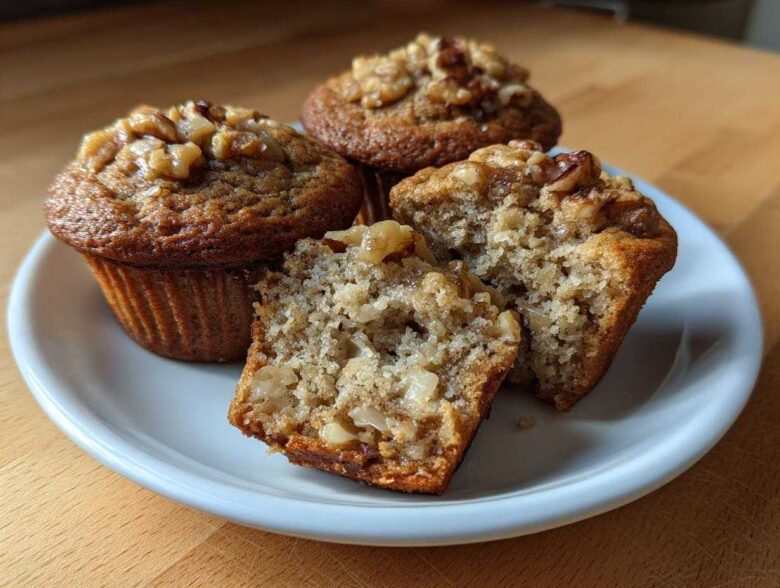 Three Banana Walnut Cottage Cheese Muffin Breakfasts, one cut in half showing the moist interior and walnuts.