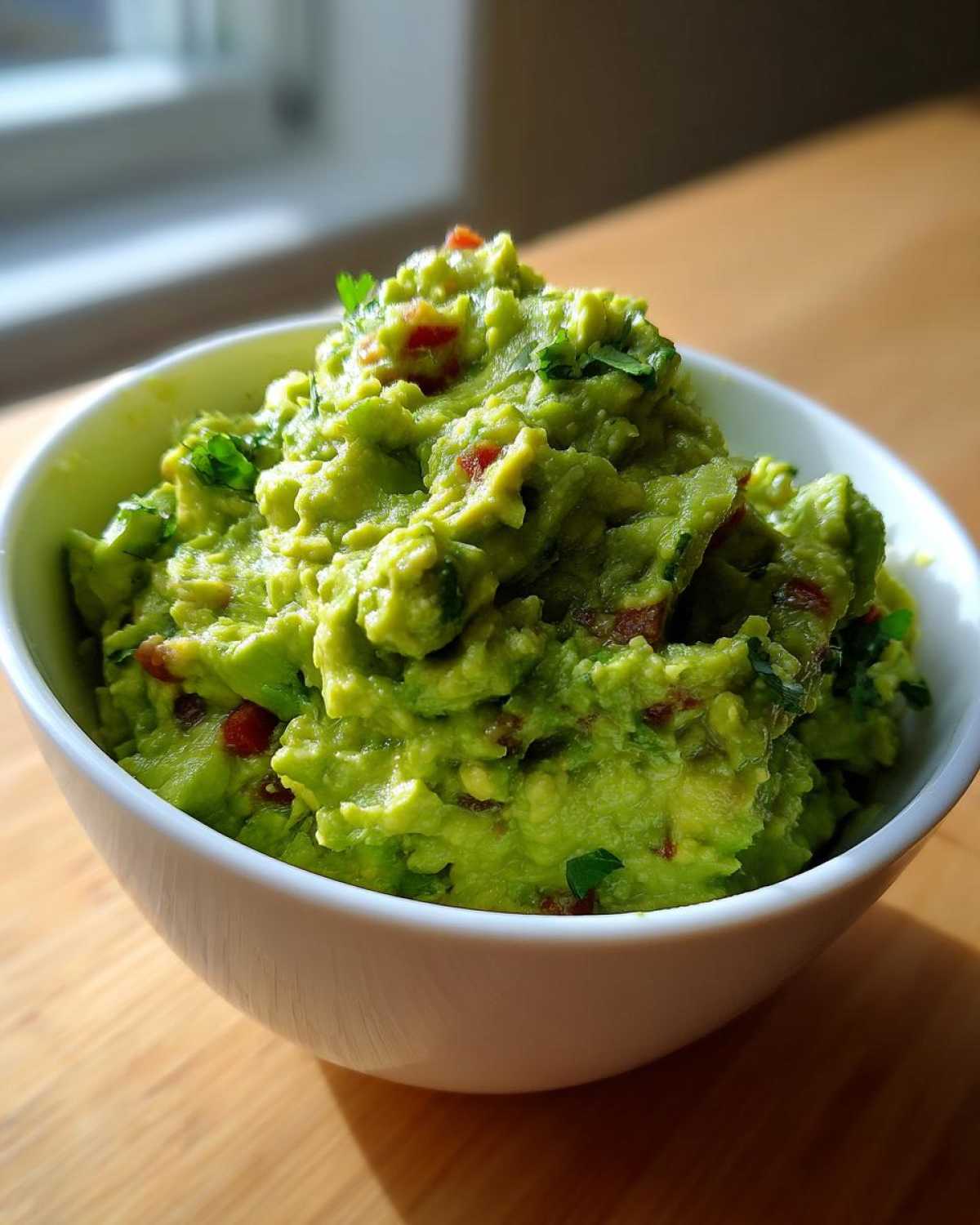 A close-up of chunky, bright green Basic Guacamole topped with cilantro in a white bowl.