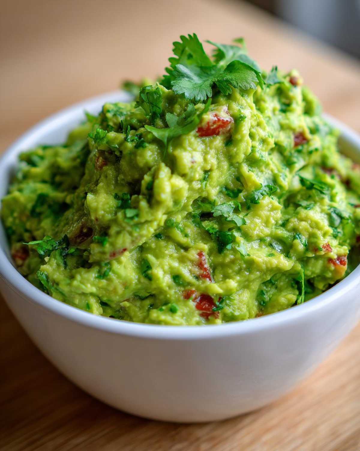 A close-up of freshly made Basic Guacamole, chunky and bright green, topped with cilantro.