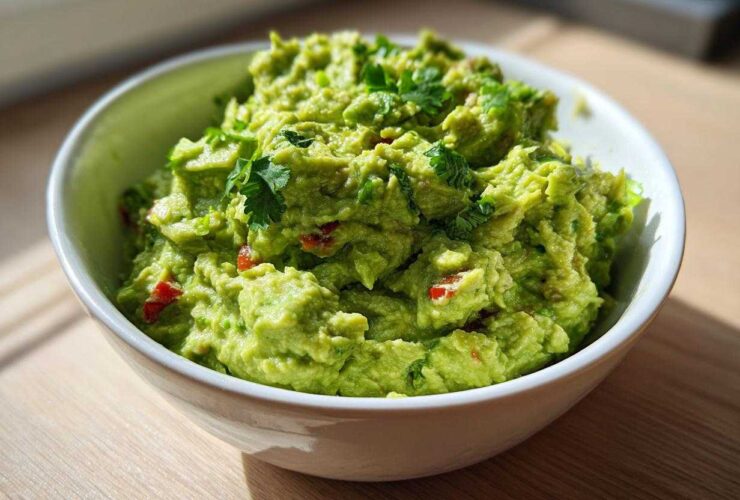 A close-up of chunky, bright green basic guacamole topped with cilantro in a white bowl.