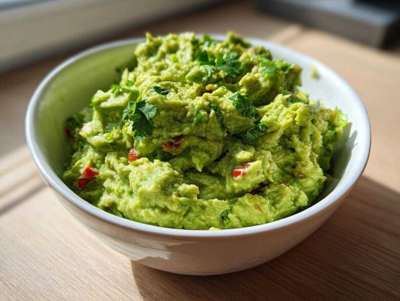A close-up of chunky, bright green basic guacamole topped with cilantro in a white bowl.