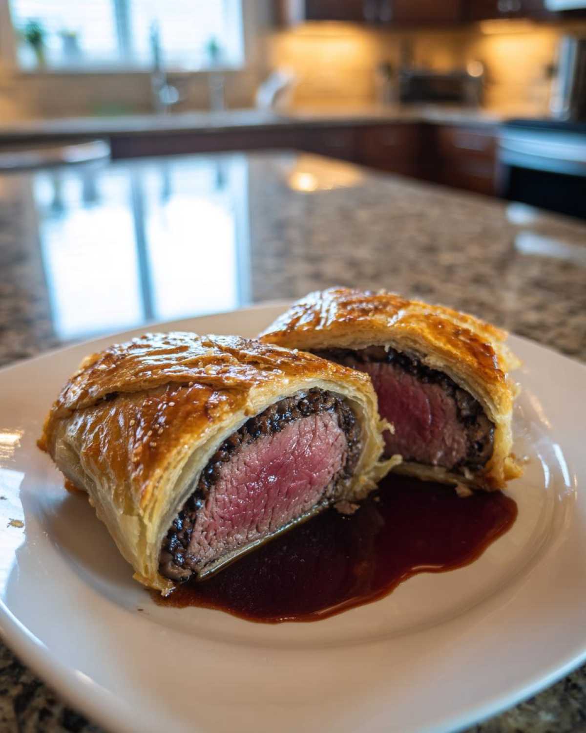 Two slices of golden-crusted Beef Wellington showing a perfectly medium-rare center, served with rich brown sauce.
