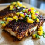 A perfectly cooked fillet of Blackened Mahi Mahi topped with vibrant mango salsa featuring diced mango, red onion, and cilantro.