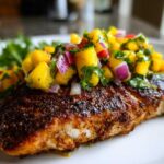 A close-up of a perfectly cooked Blackened Mahi Mahi fillet topped generously with fresh mango salsa.