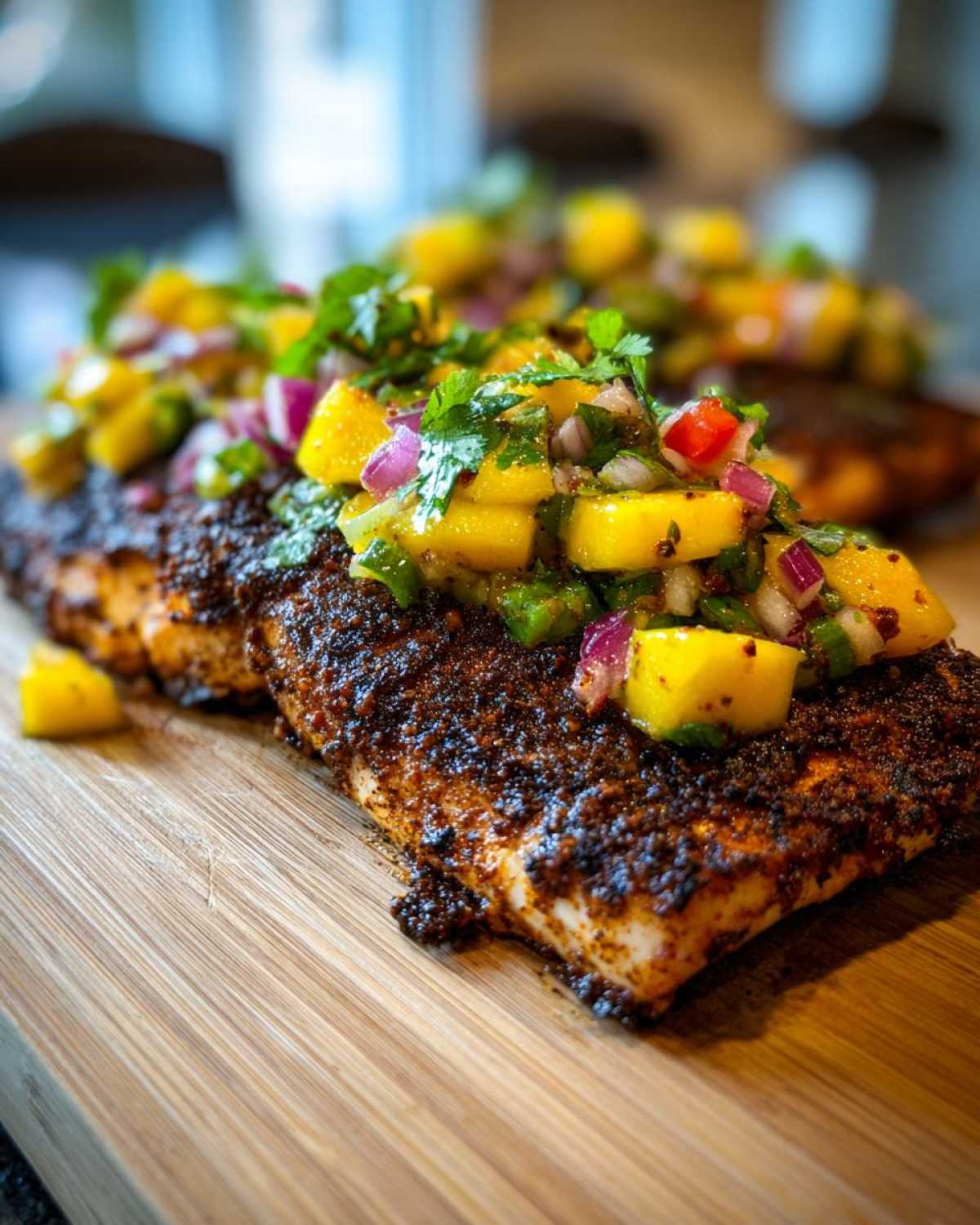 Close-up of perfectly cooked Blackened Mahi Mahi topped with fresh, colorful mango salsa.