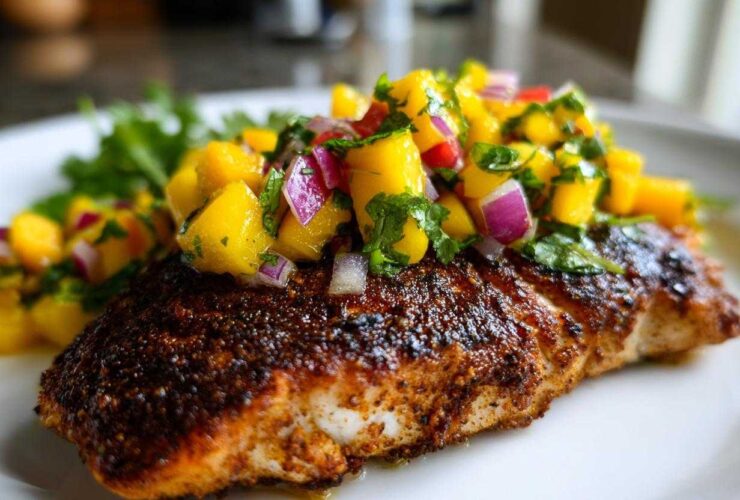 A close-up of a perfectly cooked Blackened Mahi Mahi fillet topped generously with fresh mango salsa.