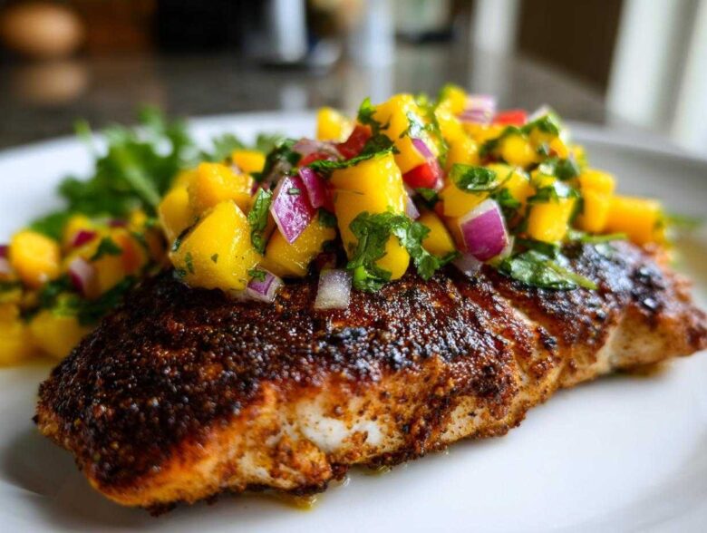 A close-up of a perfectly cooked Blackened Mahi Mahi fillet topped generously with fresh mango salsa.