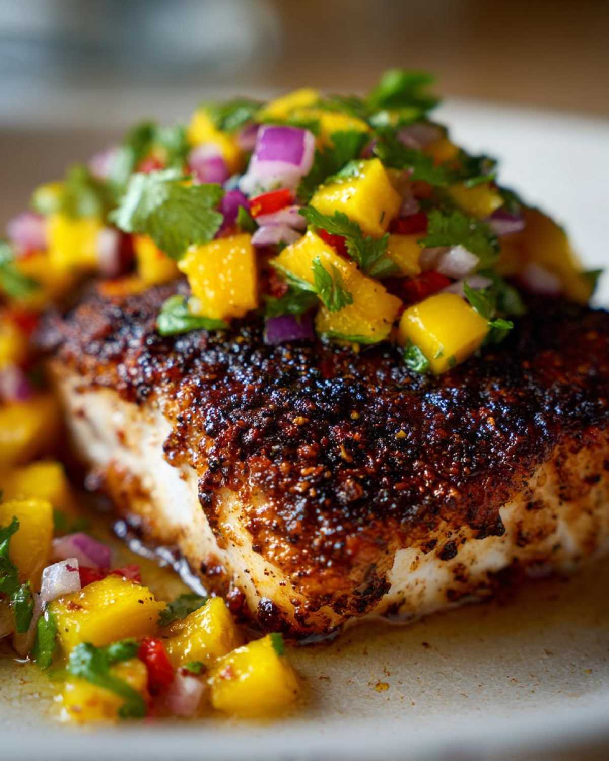 Close-up of a piece of Blackened Mahi Mahi topped generously with vibrant mango salsa.