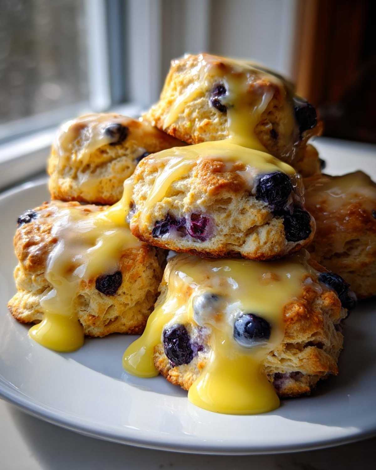 A stack of fluffy Blueberry Butter Swim Biscuits generously topped with dripping lemon glaze.