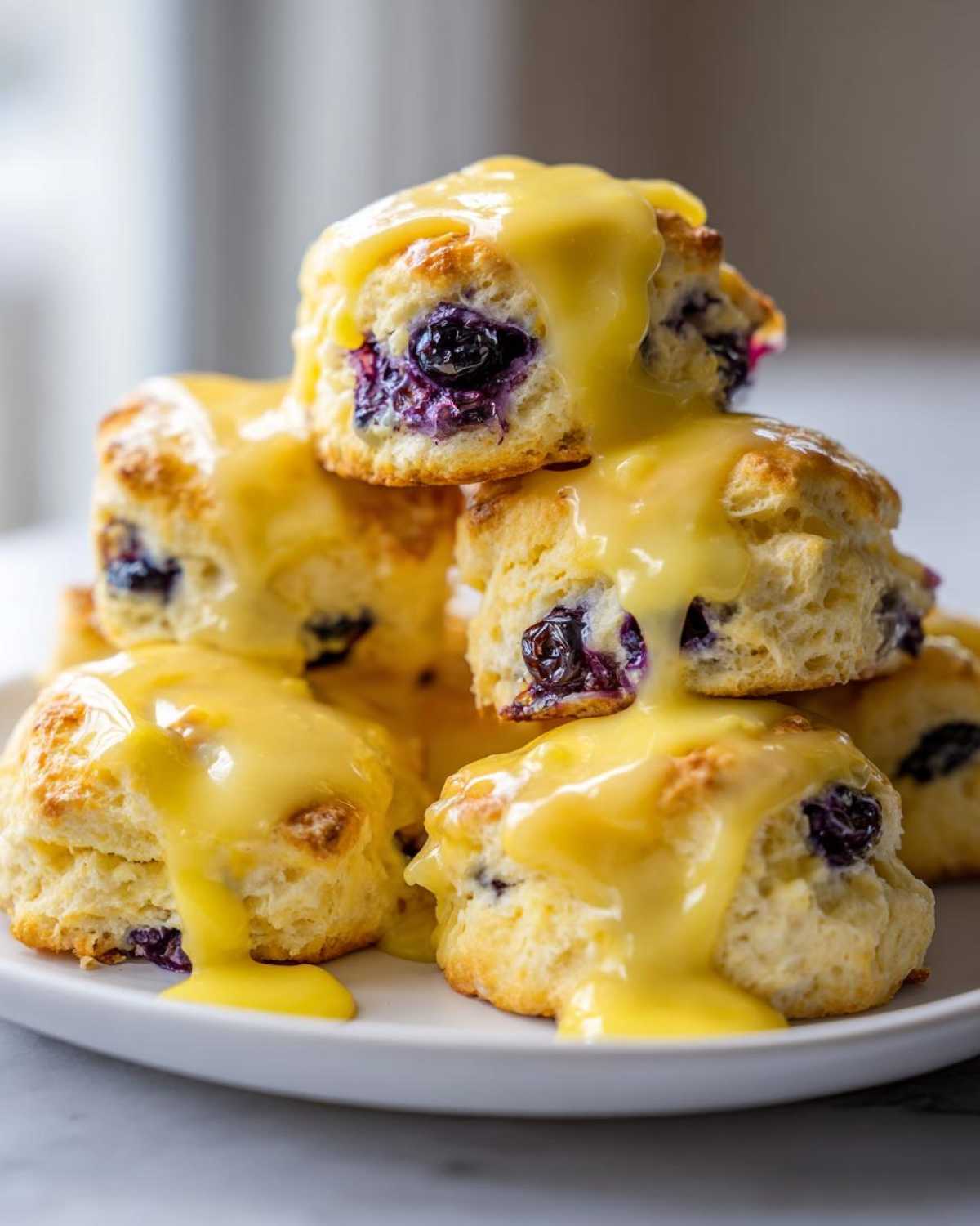 A stack of warm Blueberry Butter Swim Biscuits generously covered in a thick, bright yellow lemon glaze.