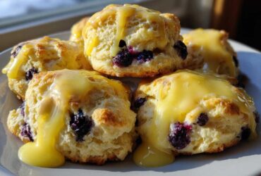 A stack of fluffy Blueberry Butter Swim Biscuits generously topped with dripping lemon glaze.