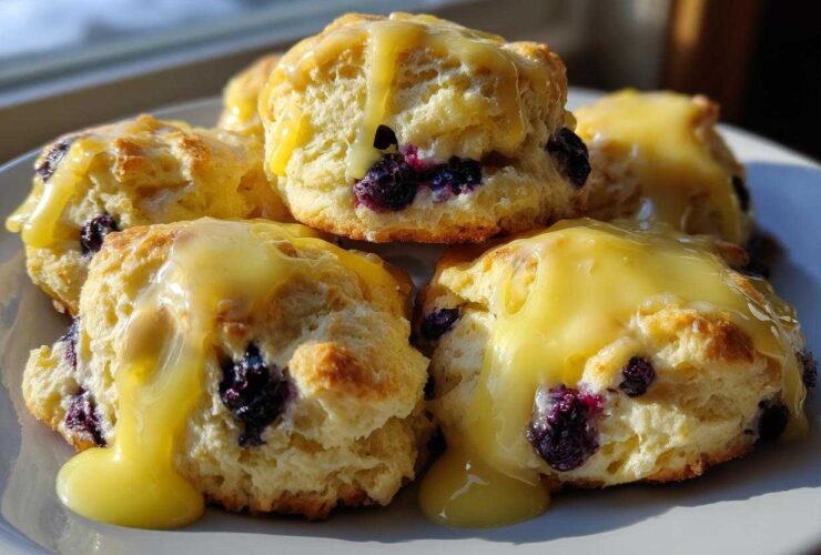 A stack of fluffy Blueberry Butter Swim Biscuits generously topped with dripping lemon glaze.