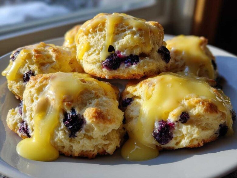 A stack of fluffy Blueberry Butter Swim Biscuits generously topped with dripping lemon glaze.