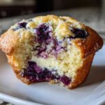 Close-up of a bakery-style Blueberry Cream Cheese Muffin Cake, showing a bite taken out to reveal the fluffy interior and cream cheese filling.