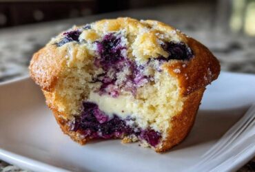 Close-up of a bakery-style Blueberry Cream Cheese Muffin Cake, showing a bite taken out to reveal the fluffy interior and cream cheese filling.