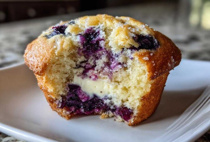 Close-up of a bakery-style Blueberry Cream Cheese Muffin Cake, showing a bite taken out to reveal the fluffy interior and cream cheese filling.