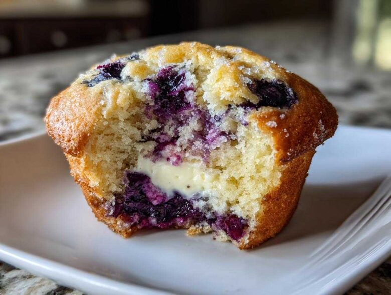 Close-up of a bakery-style Blueberry Cream Cheese Muffin Cake, showing a bite taken out to reveal the fluffy interior and cream cheese filling.