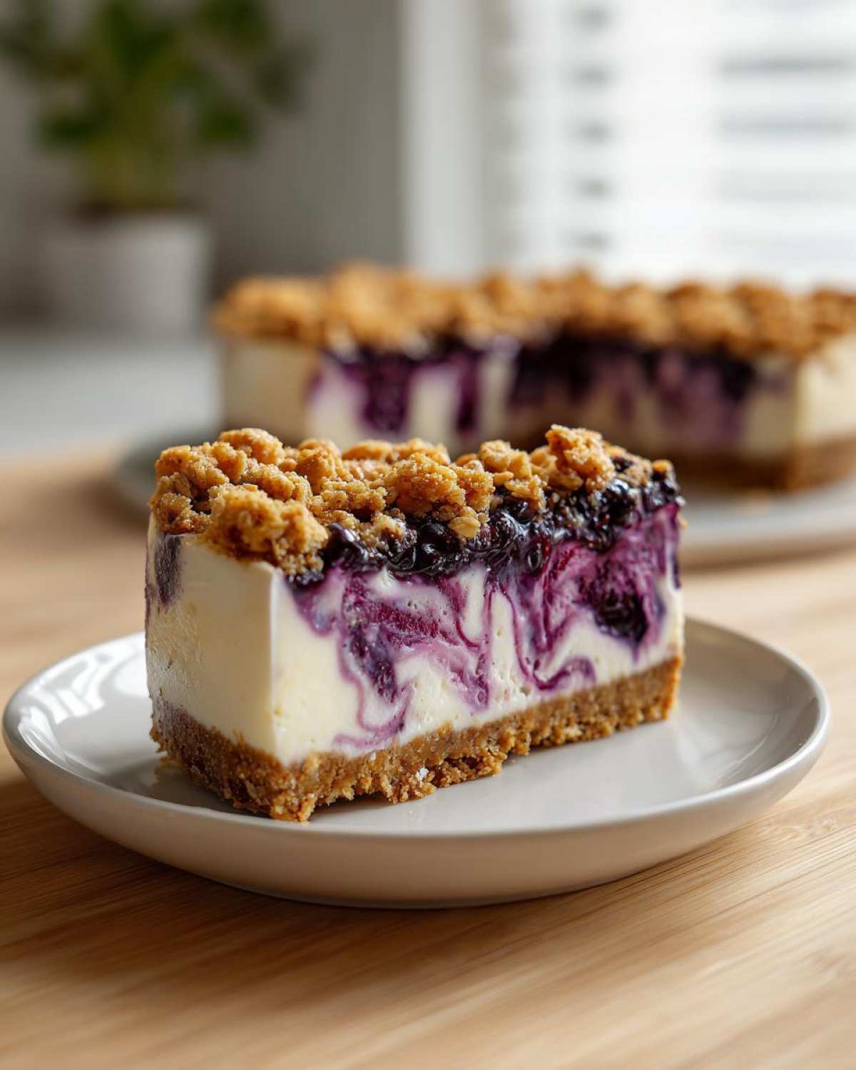 A perfect slice of Blueberry Crumble Cheesecake featuring a graham cracker crust, creamy filling with blueberry swirls, and a crunchy crumble topping.
