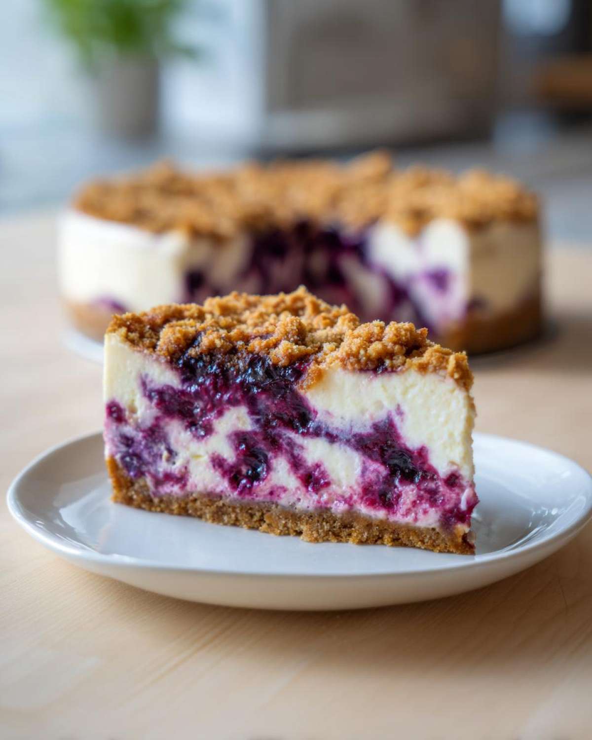 A close-up slice of Blueberry Crumble Cheesecake showing a graham cracker crust, creamy filling, and vibrant blueberry swirls, topped with crumble.