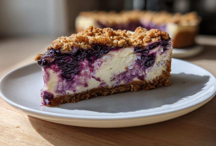 A close-up of a perfect slice of Blueberry Crumble Cheesecake with a graham cracker crust and crumb topping.