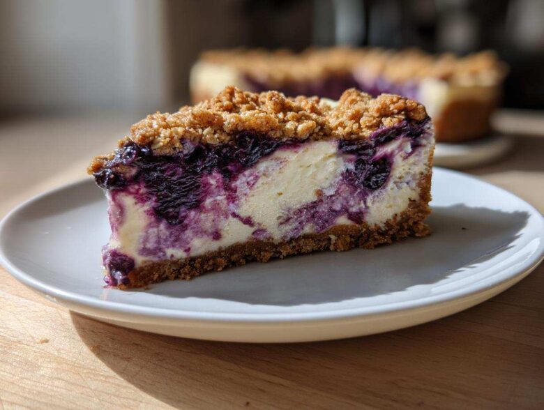 A close-up of a perfect slice of Blueberry Crumble Cheesecake with a graham cracker crust and crumb topping.
