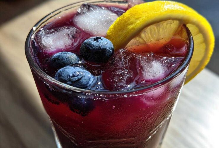Close-up of a tall, sweating glass filled with vibrant Blueberry Lemonade, ice cubes, fresh blueberries, and a lemon slice.