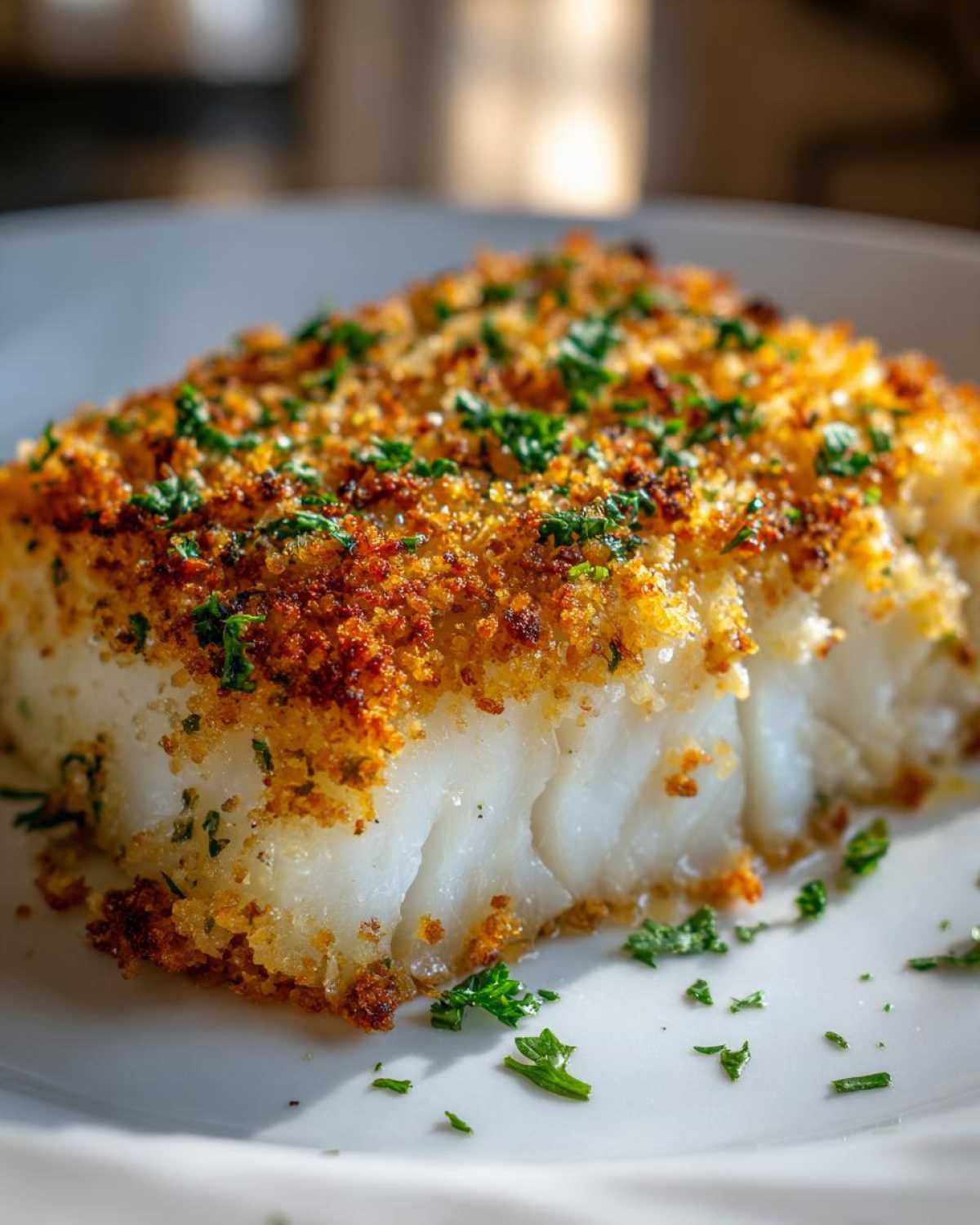 Close-up of a thick, flaky fillet of Boston Baked Cod topped with a golden, crispy breadcrumb crust and fresh parsley.