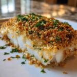 Close-up of a flaky white fillet of Boston Baked Cod topped with golden brown breadcrumbs and fresh parsley.