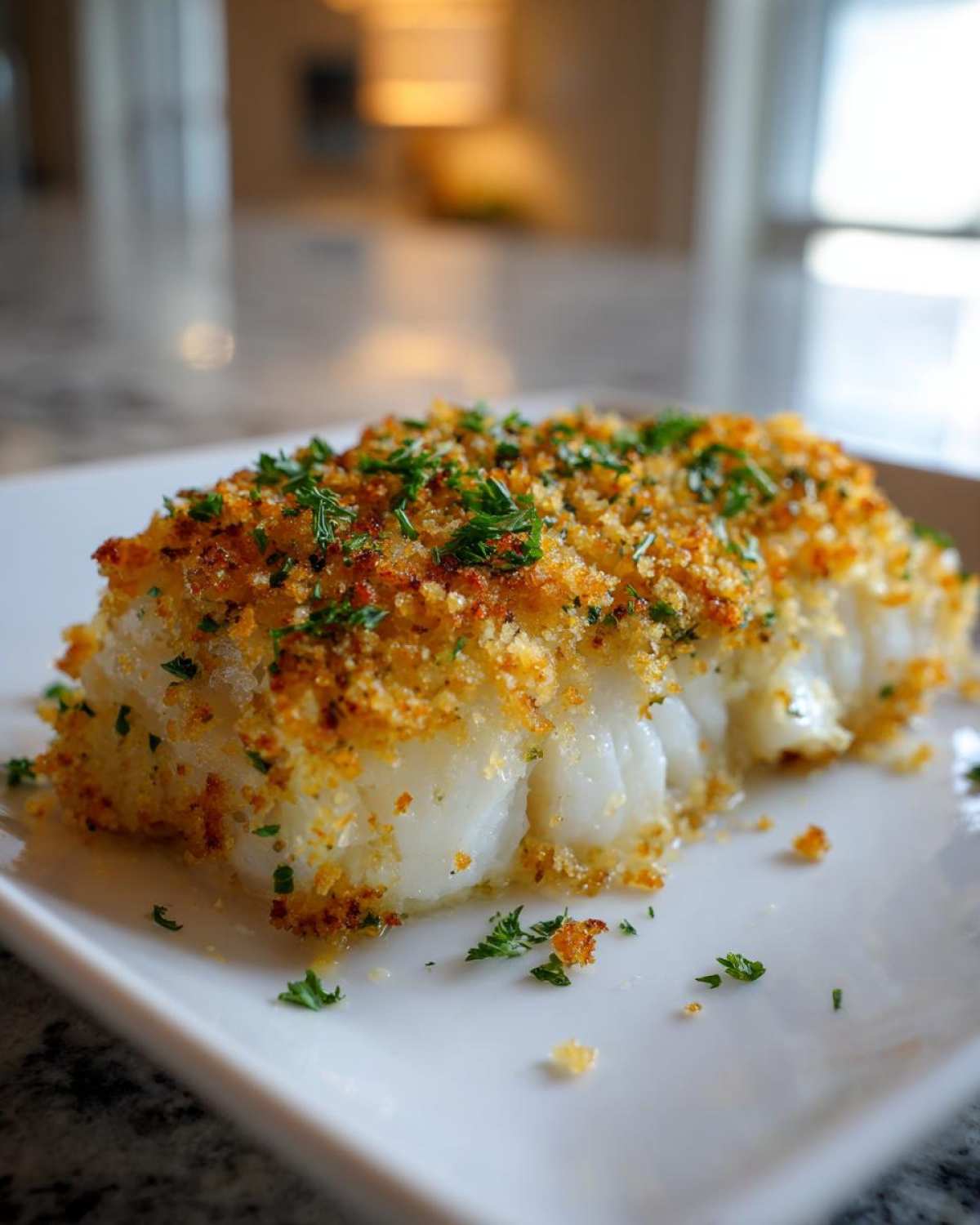 Close-up of a flaky piece of Boston Baked Cod topped with a golden, crispy breadcrumb crust and fresh parsley.