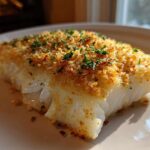 A close-up of a flaky fillet of Boston Baked Cod topped with golden breadcrumbs and fresh parsley.
