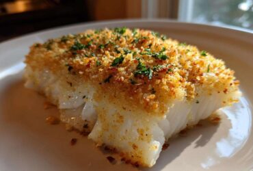 A close-up of a flaky fillet of Boston Baked Cod topped with golden breadcrumbs and fresh parsley.