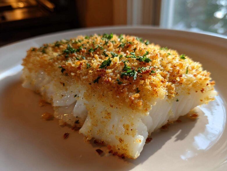 A close-up of a flaky fillet of Boston Baked Cod topped with golden breadcrumbs and fresh parsley.