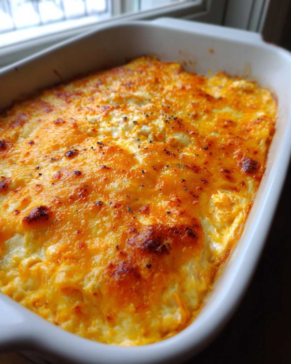 Close-up of hot, bubbly Buffalo Chicken Dip topped with melted orange cheese and black pepper in a white baking dish.