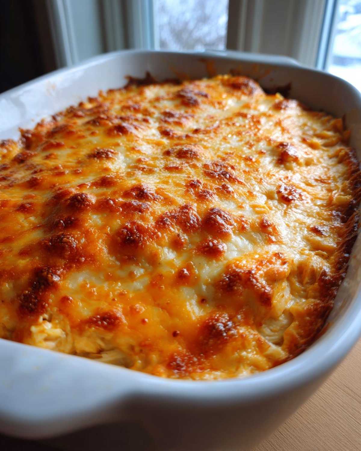 Close-up of a white baking dish filled with hot Buffalo Chicken Dip, featuring a bubbly, golden-brown melted cheese topping.